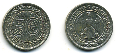 Германия 50 рейхспфеннигов 1928 A KM 49, J.324 никель 58-515