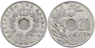 Греция 20 лепта 1954 Павел I (1947-1964), оливковая ветвь KM 79 алюминий 28-214