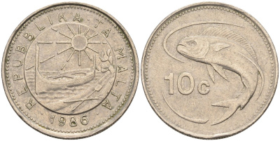 Мальта 10 центов 1986 золотая макрель KM 76 медно-никель 4588-168