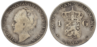 Нидерландское Кюрасао 1 гульден 1944 D, Вильгельмина (1890-1948) KM 45 серебро 36-542