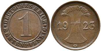 Германия 1 рентенпфенниг 1923 G KM 30, J. 306 бронза 100-617