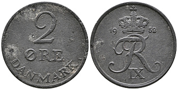 ДАНИЯ 2 ЭРЕ 1952 C; S, ФРЕДЕРИК IX (1947-1972) KM 840.1 цинк 24-1131
