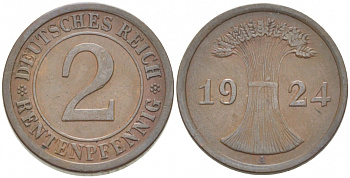 ГЕРМАНИЯ 2 РЕНТЕНПФЕННИГА 1924 А KM 31, J.307 бронза 3955-646