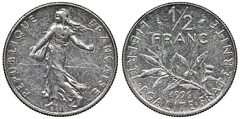 Франция 1/2 франка 1996 сеятель KM 931.1, Le Franc 198.39 никель 4128-247