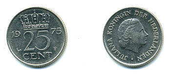 Нидерланды 25 центов 1975 Юлиана (1949-1980) KM 183 никель 76-524