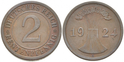 ГЕРМАНИЯ 2 РЕНТЕНПФЕННИГА 1924 А KM 31, J.307 бронза 3955-646