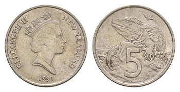Новая Зеландия 5 центов 1997 Елизавета II (1952-2022), ящерица гаттерия KM 60 медно-никель 4594-1117