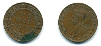 АВСТРАЛИЯ 1/2 ПЕННИ 1926 ГЕОРГ V KM 22 бронза 7-5-25-36