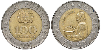 Португалия 100 эскудо 1991 Педру Нуниш (1502-1578), математик KM 645.1 биметалл 51-1843