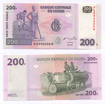 КОНГО 200 ФРАНКОВ 2007 СЕРИЯ N-W Pick 99 бумага UNC (ПРЕСС) 7222-59-1