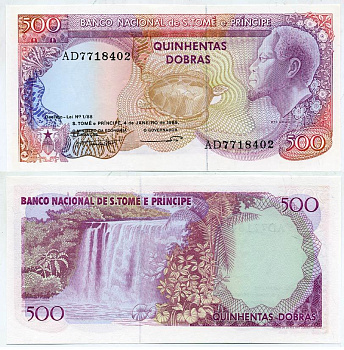 Сан-Томе и Принсипи 500 добра 1989 Король Рей Амадор, водопад Pick 61 бумага UNC (пресс) 00-00