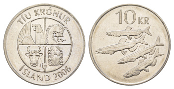 Исландия 10 крон 2006 рыбы KM 29.1a сталь плакированная никелем UNC 4523-351
