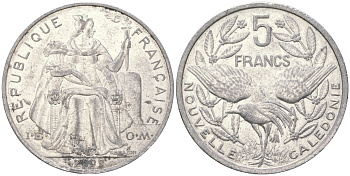 Французская Новая Каледония 5 франков 2009 птица кагу, (IEOM) KM 16, Schoen 12, Lec 81k алюминий 221-835