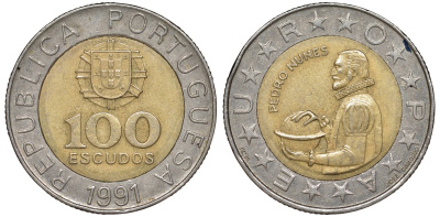 Португалия 100 эскудо 1991 Педру Нуниш (1502-1578), математик KM 645.1 биметалл 51-1843