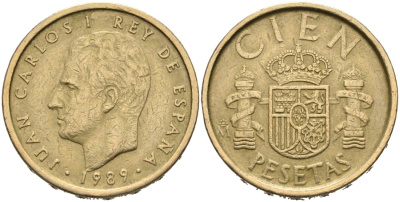 Испания 100 песет 1989 Хуан Карлос I (1975-2014) KM 826 алюминиевая бронза 4571-926