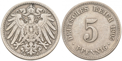 ГЕРМАНИЯ 5 ПФЕННИГОВ 1905 A, KM 11, J. 12 медно-никель 73-1761