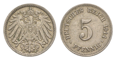 Германия 5 пфеннигов 1914 A, Вильгельм II (1888-1918) KM 11, J. 12 медно-никель 4640-151