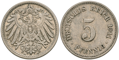 Германия 5 пфеннигов 1911 A KM 11, J. 12, Weege 6 медно-никель 4608-944