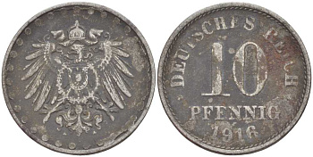 ГЕРМАНИЯ 10 ПФЕННИГОВ 1916 A KM 20, J. 298 железо 4401-115
