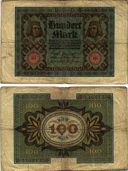 Германия 100 марок 1920 Бамбергский всадник, 8 цифр в номере Pick 69 b, Розенберг 69b бумага 7219-15-1