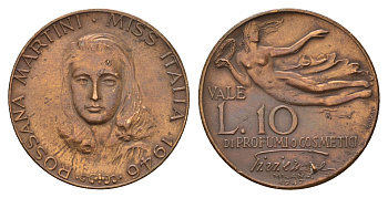 Италия скидочный парфюмерный жетон - 10 лир 1947 Россана Мартини - Мисс Италии 1946, диаметр 24,5 мм, вес 6,1 гр бронза 4670-1014