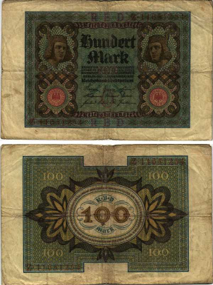 Германия 100 марок 1920 Бамбергский всадник, 8 цифр в номере Pick 69 b, Розенберг 69b бумага 7219-15-1