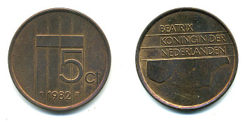 Нидерланды 5 центов 1982 Беатрикс (1980-2013) KM 202 бронза 76-455