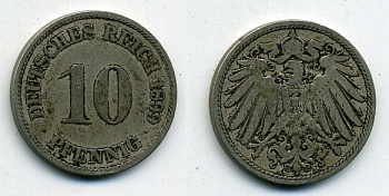 ГЕРМАНИЯ 10 ПФЕННИГОВ 1899 A KM 12, J. 13 медно-никель 58-216