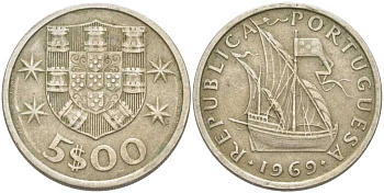 ПОРТУГАЛИЯ 5 ЭСКУДО 1969 ПАРУСНИК KM 591 медно-никель 213-253