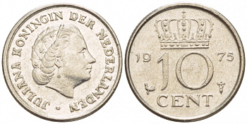 НИДЕРЛАНДЫ 10 ЦЕНТОВ 1975 ЮЛИАНА KM 182 никель 4547-847