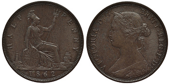 Великобритания 1/2 пенни 1862 Виктория (1837-1901) Spink 3956 медь 106-741