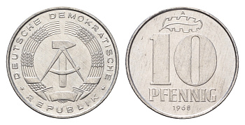 ГДР 10 пфеннигов 1968 A KM 10 алюминий  aUNC  M81-21