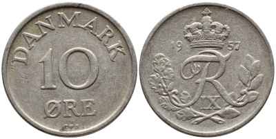 ДАНИЯ 10 ЭРЕ 1957 C; S, ФРЕДЕРИК IX (1947-1972) КМ 841.2 медно-никель 4398-923