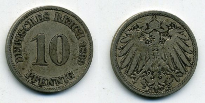 ГЕРМАНИЯ 10 ПФЕННИГОВ 1899 A KM 12, J. 13 медно-никель 58-216