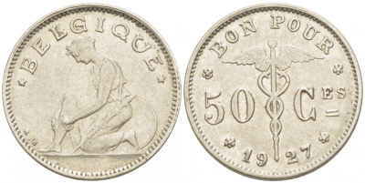 БЕЛЬГИЯ 50 САНТИМОВ 1927 BELGIQUE KM 87 никель 261-1615