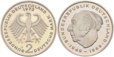 ФРГ 2 марки 1972 J, Теодор Хойс KM 127, J. 407 медно-никель плакированный никелем  PROOF  4155-153
