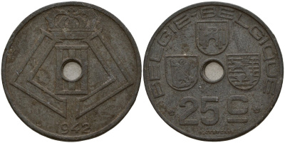 Бельгия 25 сантимов 1942 Belgie - Belgique, Леопольд III (1934-1947), германская оккупация, Вторая мировая война KM 132 цинк 4157-522