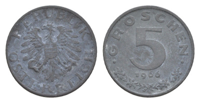Австрия 5 грошей 1966 KM 2875 цинк 4567-526