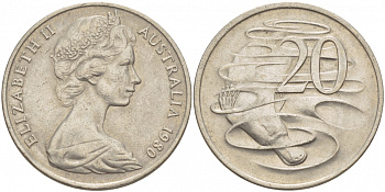 АВСТРАЛИЯ 20 ЦЕНТОВ 1980 ЕЛИЗАВЕТА II, МОЛОДОЙ ПОРТРЕТ, УТКОНОС KM 66 медно-никель 115-1021