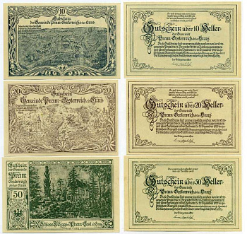 Австрия, Прам набор из 3 банкнот 10, 20, 50 геллеров 1920 31 декабря 1920, нотгельд, 15-20 декабря 1920, земля Верхняя Австрия   бумага  UNC (пресс) 7555-13-3-2