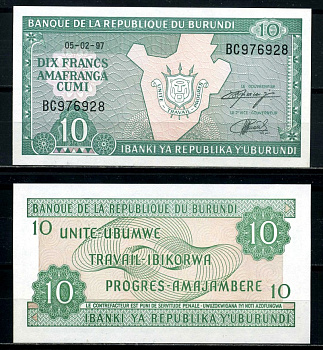Бурунди 10 франков 1997 5 февраля 1997 Pick 33d бумага UNC (пресс) 6317-14-4-2