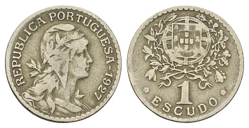 Португалия 1 эскудо 1927 голова Свободы вправо KM 578 никель латунь 4660-947