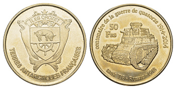 Французские Южные и Антарктические Территории (Острова Крозе) 50 франков 2014 танки Первой Мировой войны Т-18 - Россия (РСФСР, СССР) 1918 медно-никель BU 1521-1644