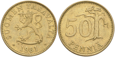 ФИНЛЯНДИЯ 50 ПЕННИ 1981 K KM 48 алюминиевая бронза 4556-223