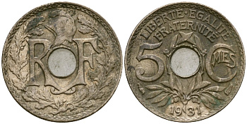 Франция 5 сантимов 1931 тип Линдайё KM 875, Le Franc 122.14 медно-никель 4164-638