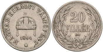 Венгрия 20 филлеров 1894 KB, Франц Иосиф I (1848-1916) KM 483 никель 4151-953