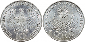 ФРГ 10 марок 1972 G, XX летние Олимпийские игры 1972 года в Мюнхене, олимпийский огонь KM 135, J.405 серебро UNC 1520-1511