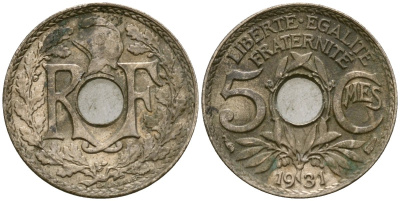 Франция 5 сантимов 1931 тип Линдайё KM 875, Le Franc 122.14 медно-никель 4164-638