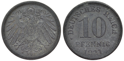 Германия 10 пфеннигов 1921 KM 26, J. 299, Weege 8 цинк 4119-314