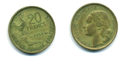 ФРАНЦИЯ 20 ФРАНКОВ 1951 ПЕТУХ, 4 ПЕРА KM 917.1, LE FRANC 402.7 алюминивая бронза 84-822